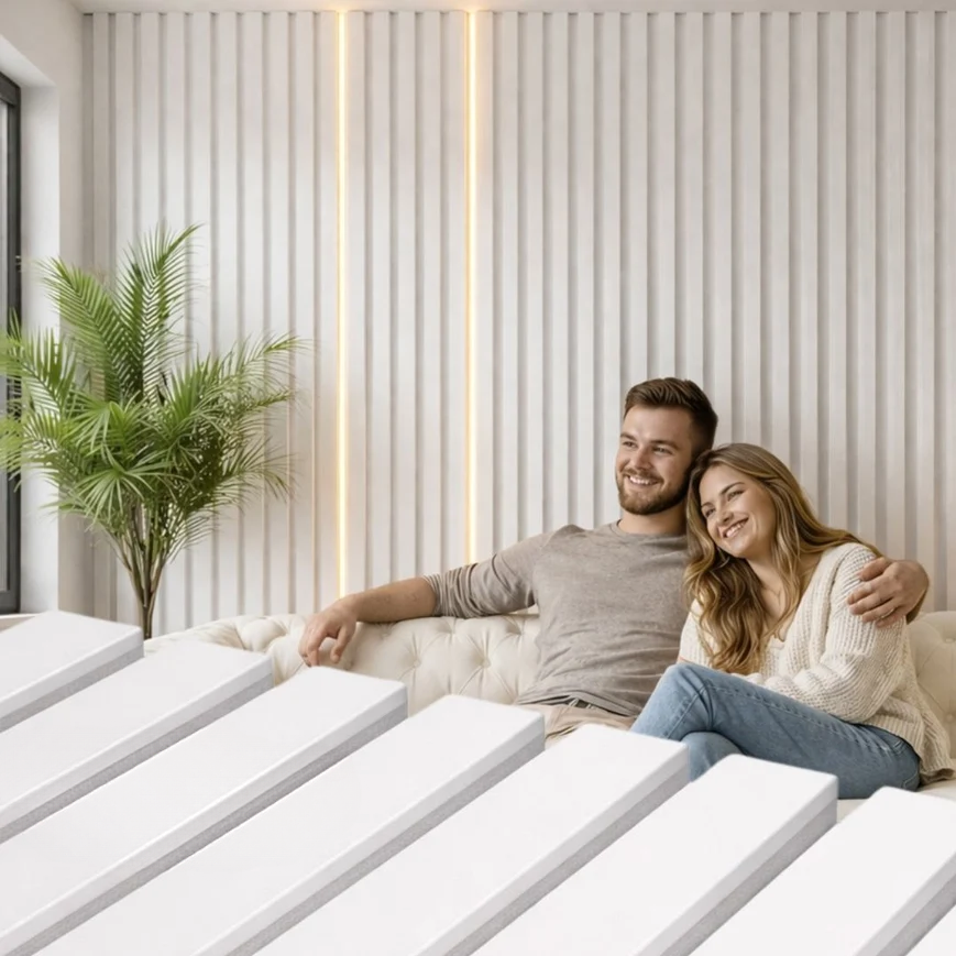 3 sided White on white felt back Acoustic Premium slatted wooden wall Panels 2400mm x 640mm - X1 Panel