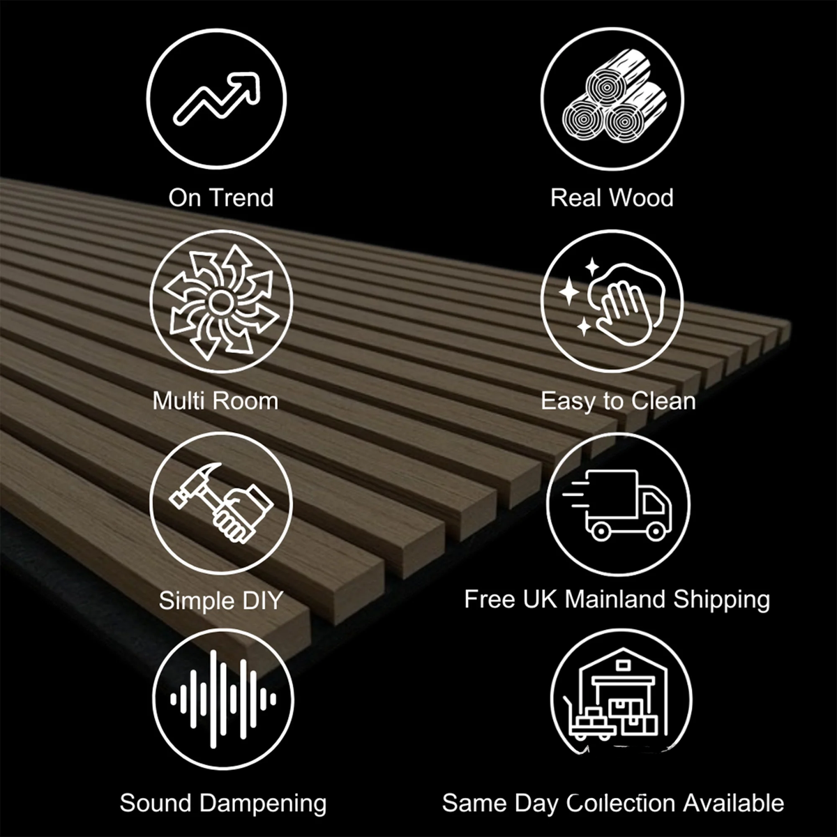 Oak Acoustic Square Diagonal Slat Wall Panels 60x60cm (Set of 6) | Grey Felt Backing