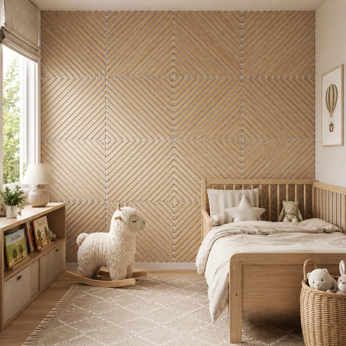 Oak Acoustic Square Diagonal Slat Wall Panels 60x60cm (Set of 6) | Grey Felt Backing