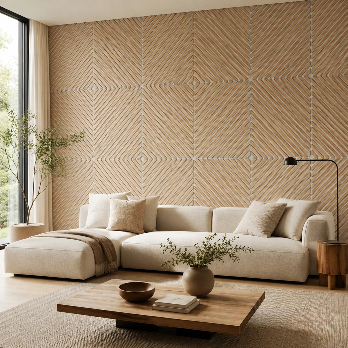 Oak Acoustic Square Diagonal Slat Wall Panels 60x60cm (Set of 6) | Grey Felt Backing