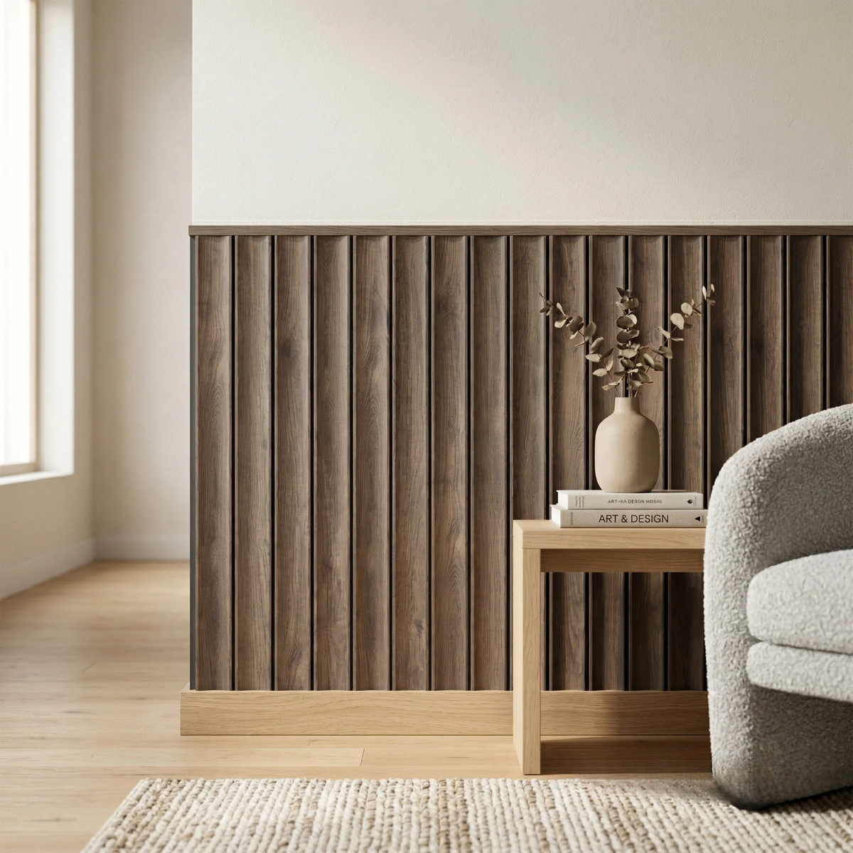 Pre-Cut Wainscoting Wall Panel Kit - Wave Walnut (196cm x 100cm) | Ready-to-Install Scalloped Half-Wall