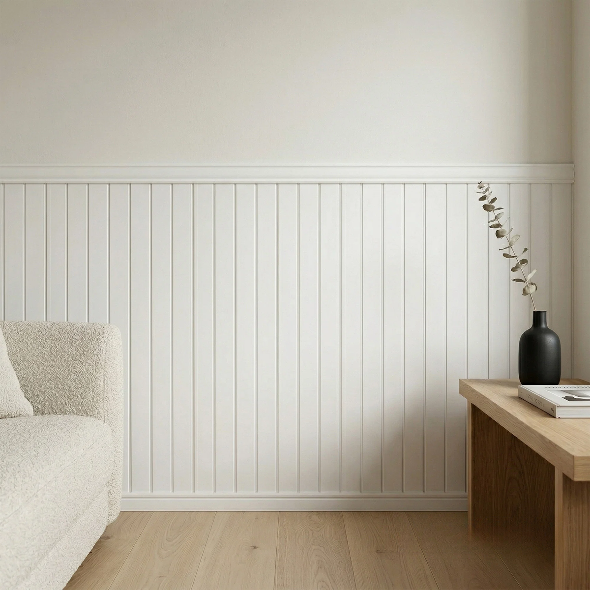 Pre-Cut Wainscoting Wall Panel Kit - Slat White (196cm x 101cm) | Ready-to-Install Modern Half Wall Panelling