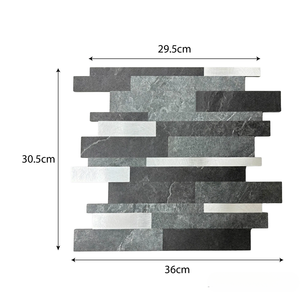 Mosaic Wall Tiles - Slate Black Mixed with Grey 30cm x 30cm (Set of 10) | Self Adhesive