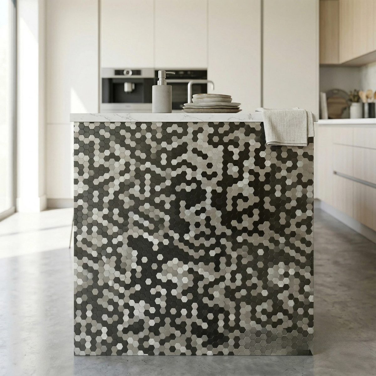 Mosaic Wall Tiles - Mini Hexagon Chrome Mix 30cm x 30cm (Set of 10) | Self Adhesive