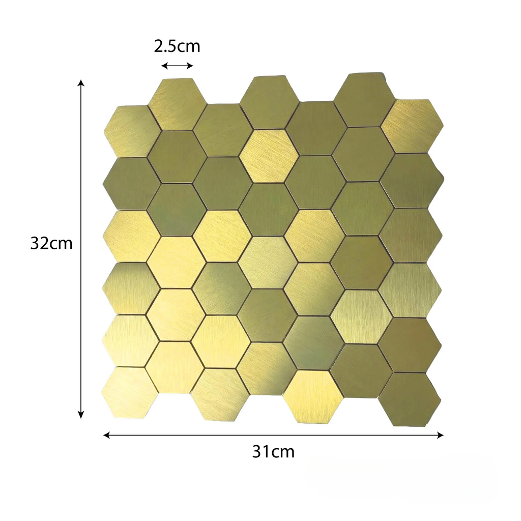 Mosaic Wall Tiles - Hexagon Gold 30cm x 30cm (Set of 10) | Self Adhesive