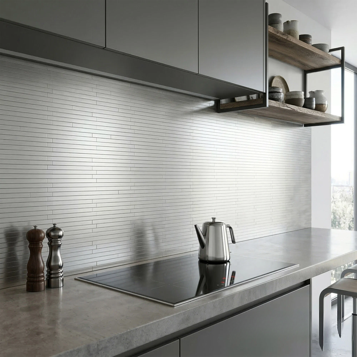 Mosaic Wall Tiles - Brick Chrome 30cm x 30cm (Set of 10) | Self Adhesive