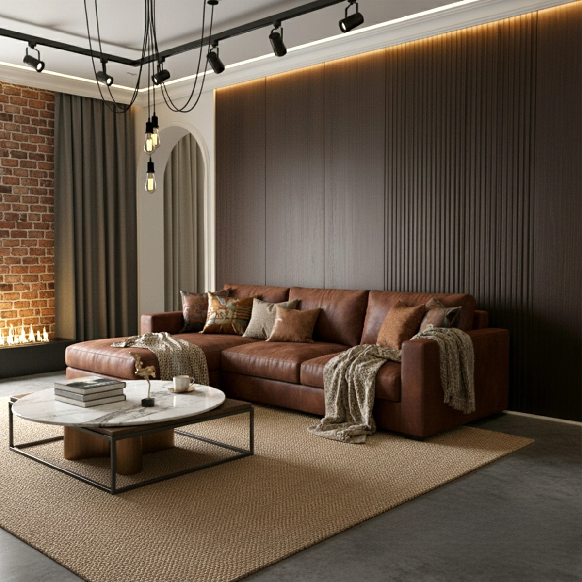 WPC Full Wall Set: 3D Wave & Flat Panels + 4 End Trims - Walnut (Dark Oak)
