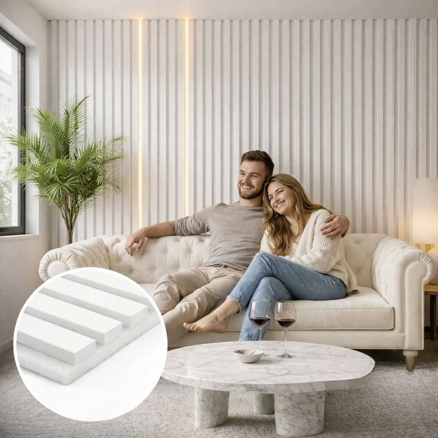 White on white felt back Acoustic Premium slatted wooden wall Panels 2400mm x 640mm x 21mm
