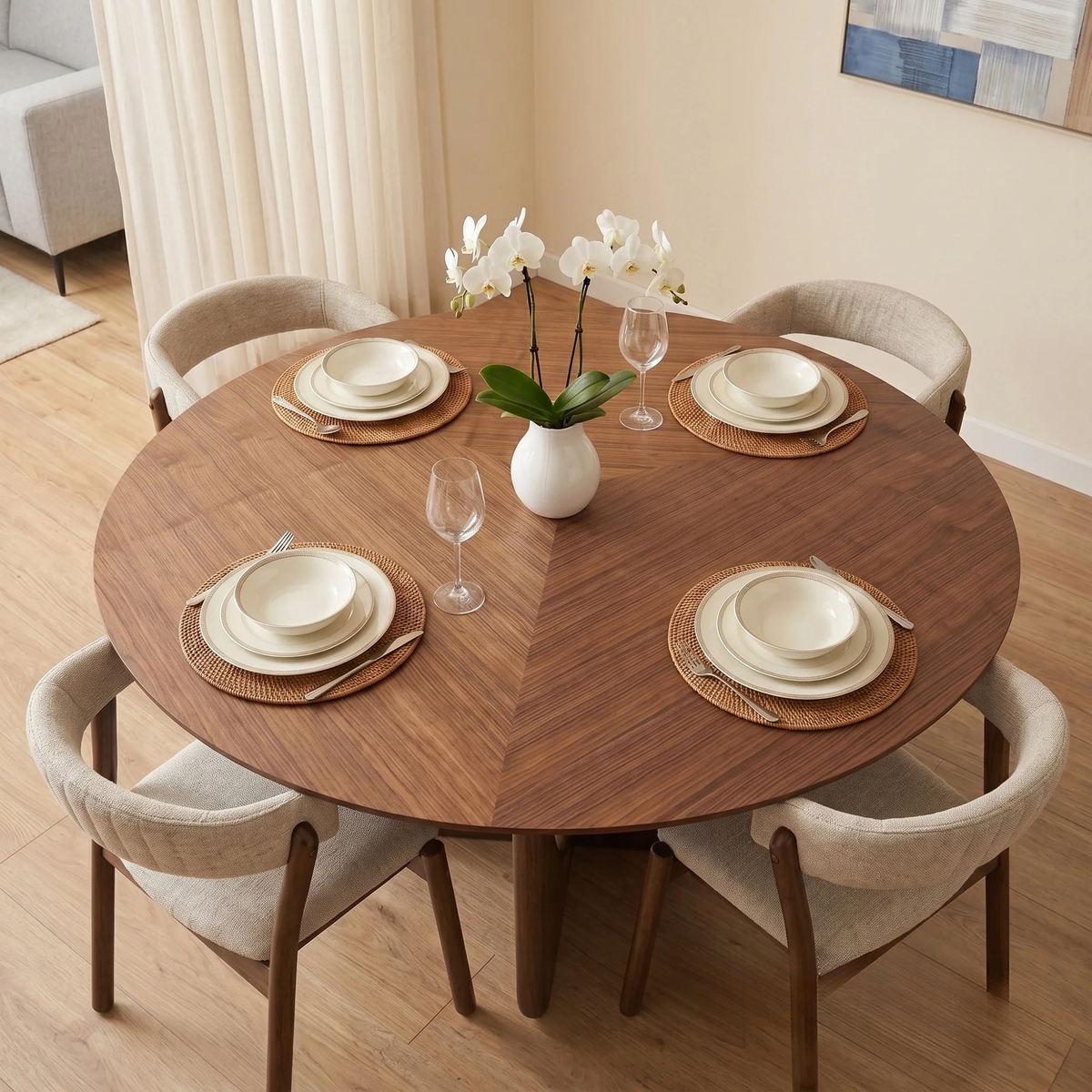 ALUXO® Remy 1.37m Round Walnut Dining Set – Ebony Sculptural Base Table with 4 Linus Oatmeal Bouclé Chairs