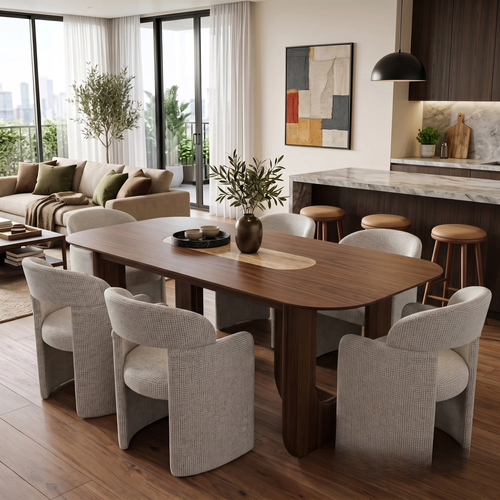 ALUXO® Madrid 2.0m Walnut Dining Set – Open Ebony Base Table with 4/6 Madrid Cream Bouclé Chairs