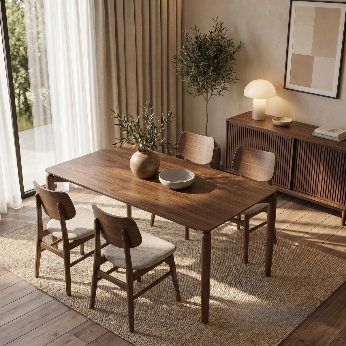 ALUXO® Daisy 1.5m Walnut Dining Set – 4-Leg Base Table with 4/6 Kingswood Oatmeal Bouclé Chairs