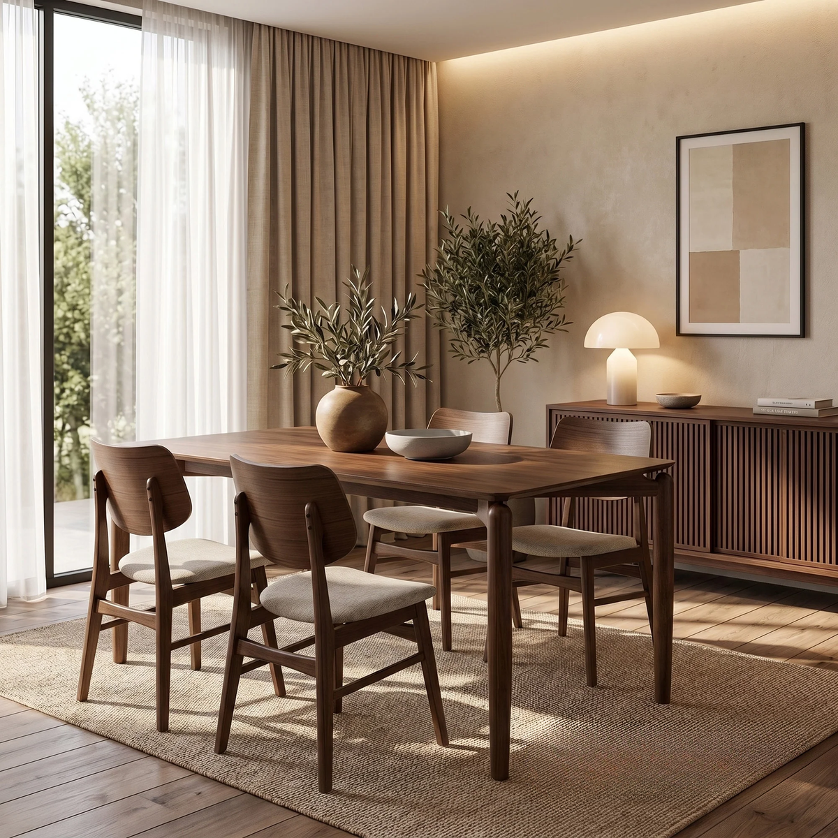 ALUXO® Daisy 1.5m Walnut Dining Set – 4-Leg Base Table with 4/6 Kingswood Oatmeal Bouclé Chairs