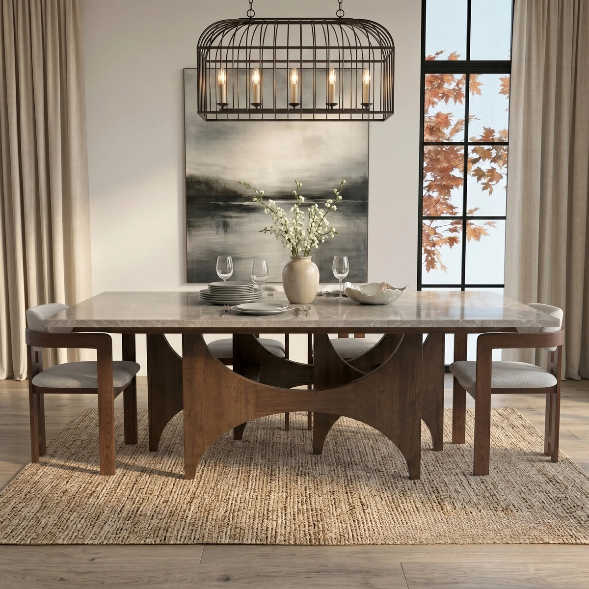 ALUXO® Mercado 2.2m Walnut & Beige Marble Dining Set – Sculptural Base Table with 6/8 Clara Oatmeal Bouclé Chairs