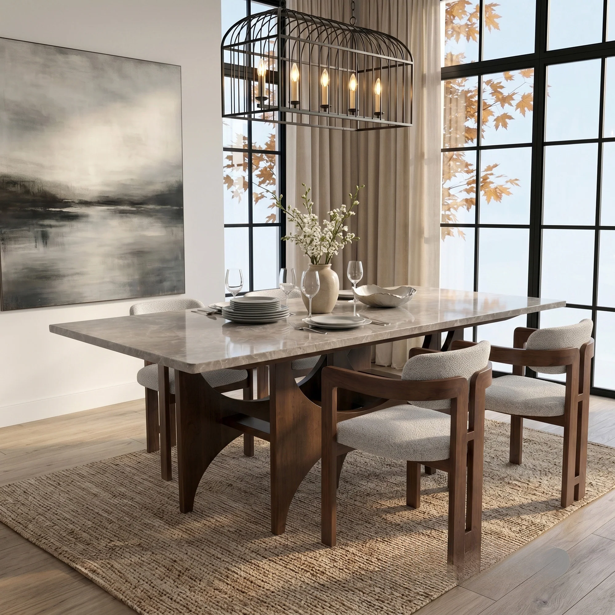 ALUXO® Mercado 2.2m Walnut & Beige Marble Dining Set – Sculptural Base Table with 6/8 Clara Oatmeal Bouclé Chairs