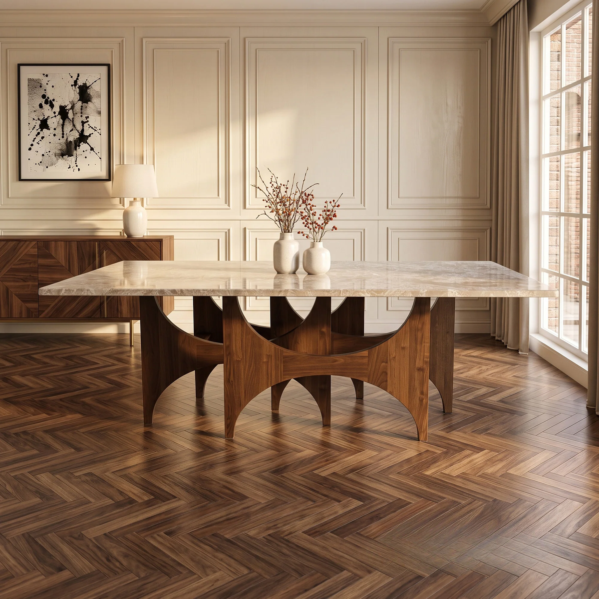 ALUXO® Mercado 2.2m Walnut & Beige Marble Dining Set – Sculptural Base Table with 6/8 Clara Oatmeal Bouclé Chairs