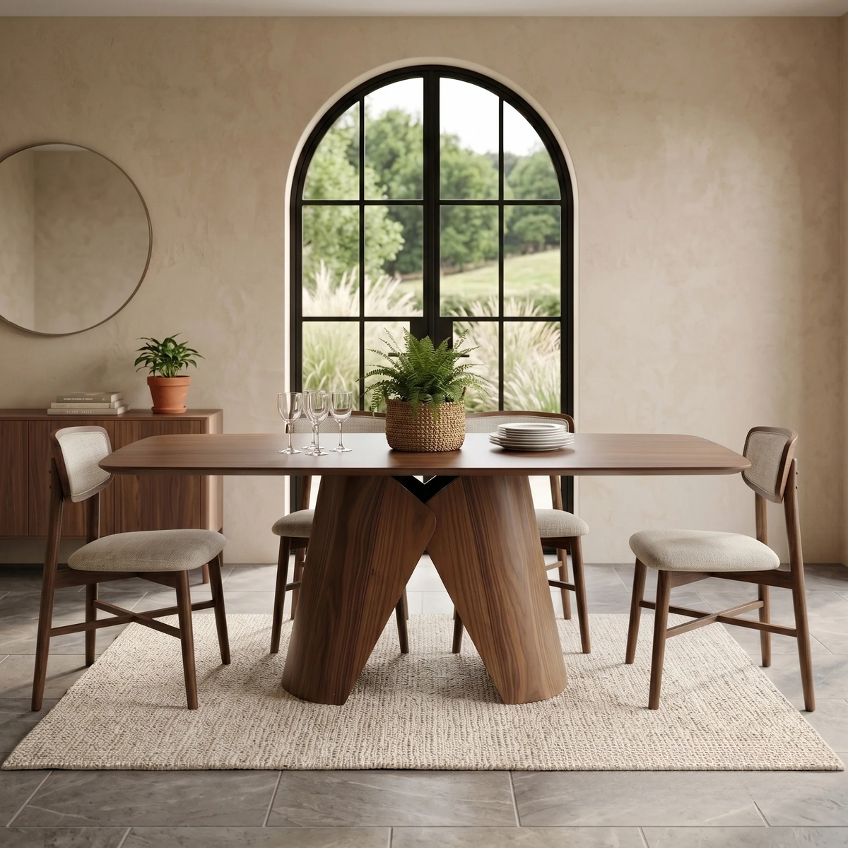 ALUXO® Elegantia 1.8m Walnut Dining Set – Sculptural Pedestal Base Table with 4/6/8 Elegantia Oatmeal Bouclé Chairs