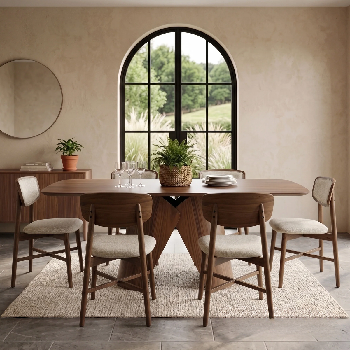 ALUXO® Elegantia 1.8m Walnut Dining Set – Sculptural Pedestal Base Table with 4/6/8 Elegantia Oatmeal Bouclé Chairs