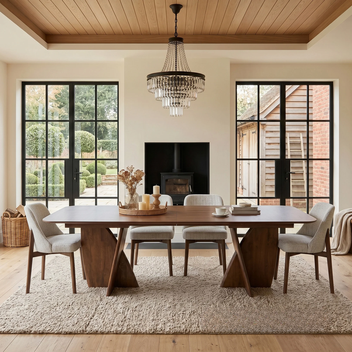ALUXO® Dino 2.4m Walnut Dining Set – Architectural Table with 4/6/8 Dino Oatmeal Bouclé Chairs