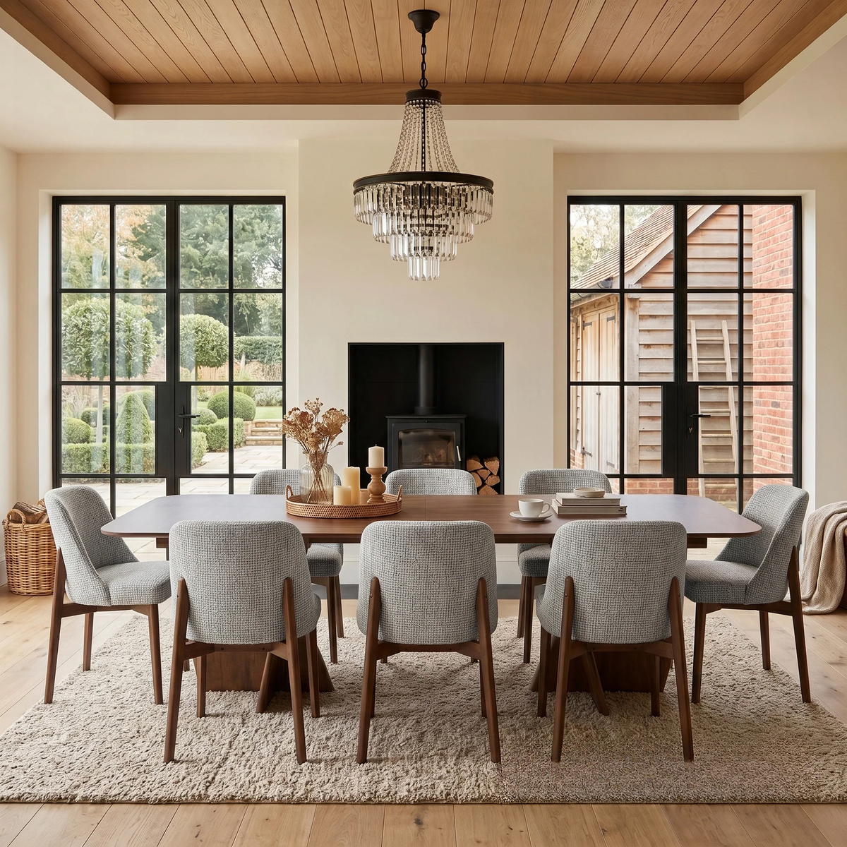 ALUXO® Dino 2.4m Walnut Dining Set – Architectural Table with 4/6/8 Dino Oatmeal Bouclé Chairs