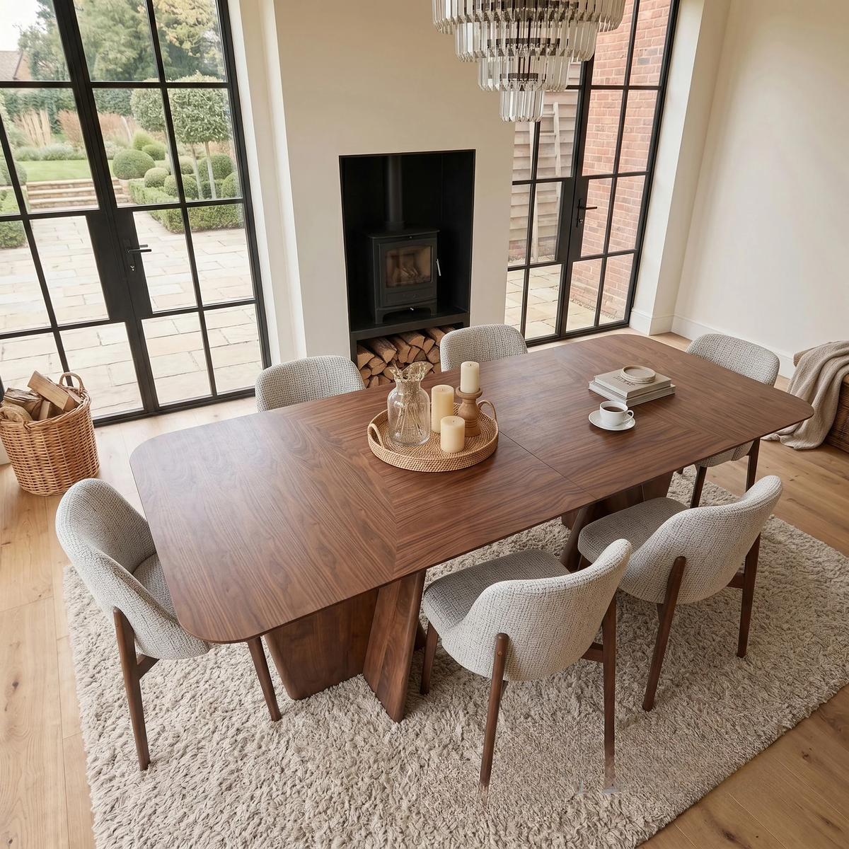 ALUXO® Dino 2.4m Walnut Dining Set – Architectural Table with 4/6/8 Dino Oatmeal Bouclé Chairs