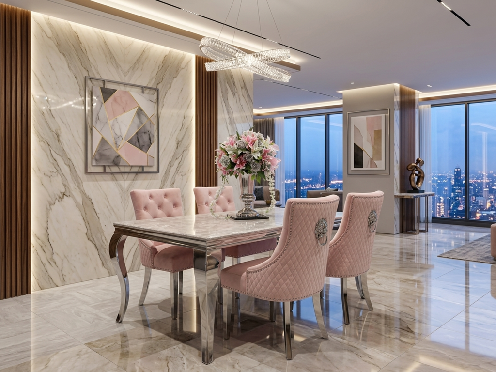 Louis Marble Dining Table With Bently Knocker Chairs lion