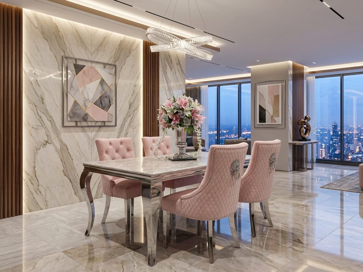 Lewis Marble Dining Table With Bently Knocker Chairs lion