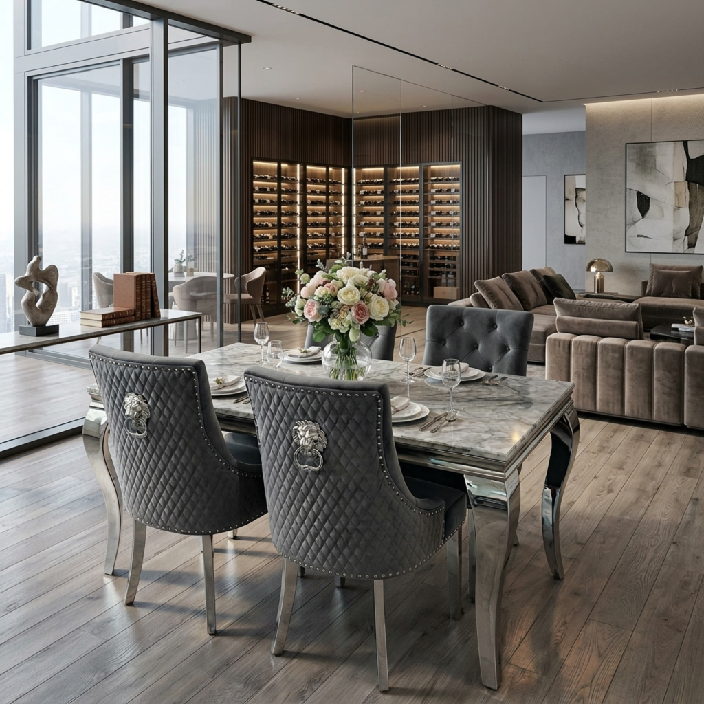 Louis Marble Dining Table With Bently Knocker Chairs lion