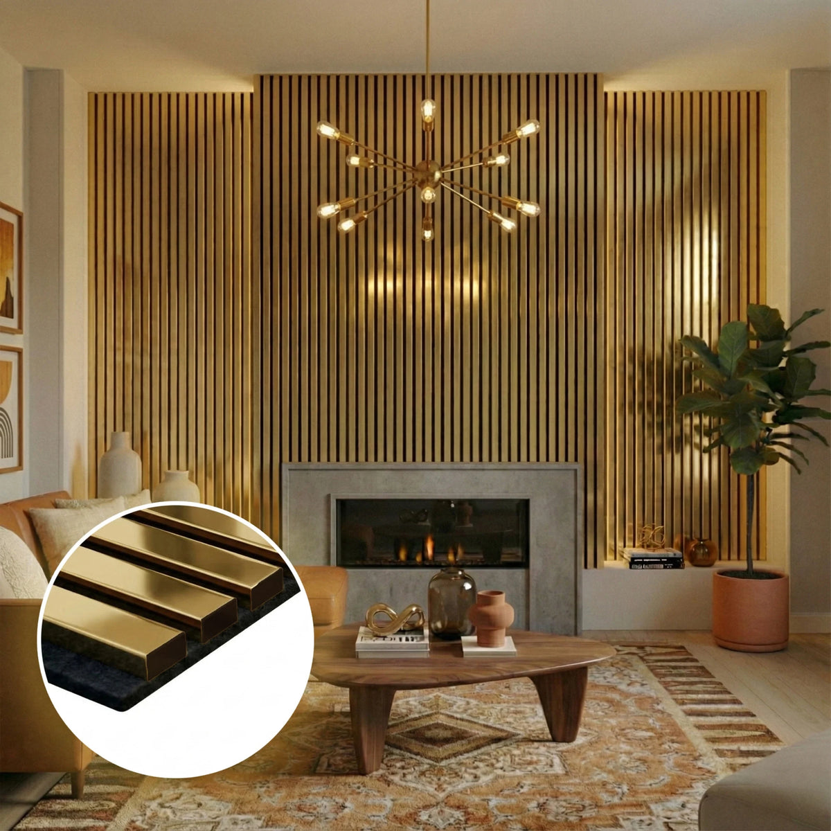 Panelux™ Pro Gold Colour Acoustic Wood Wall Panels | 3-Sided Wrap 240cm x 32cm (Set of 2)