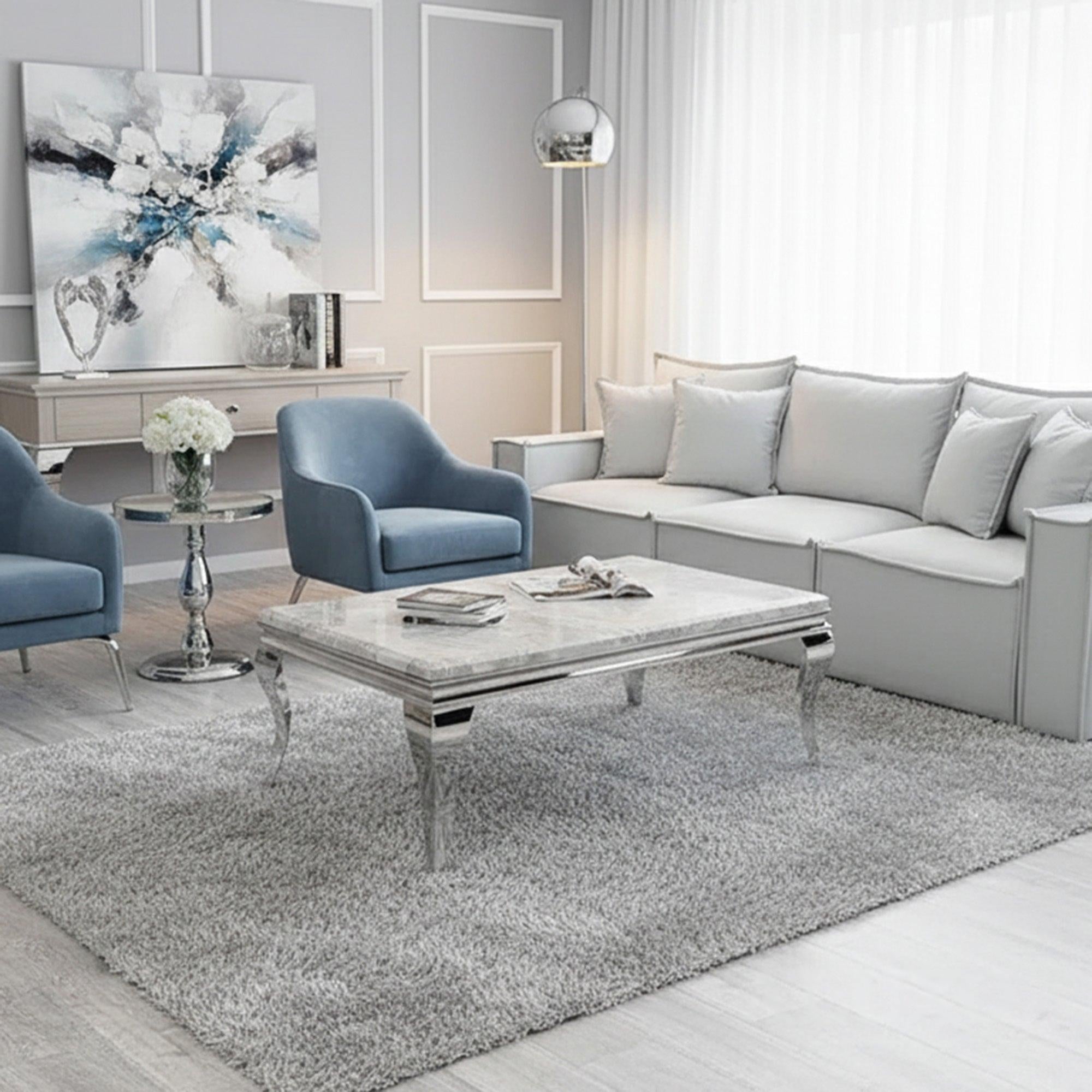 Lorens 130cm Chrome Coffee Table with Light Grey Marble Top