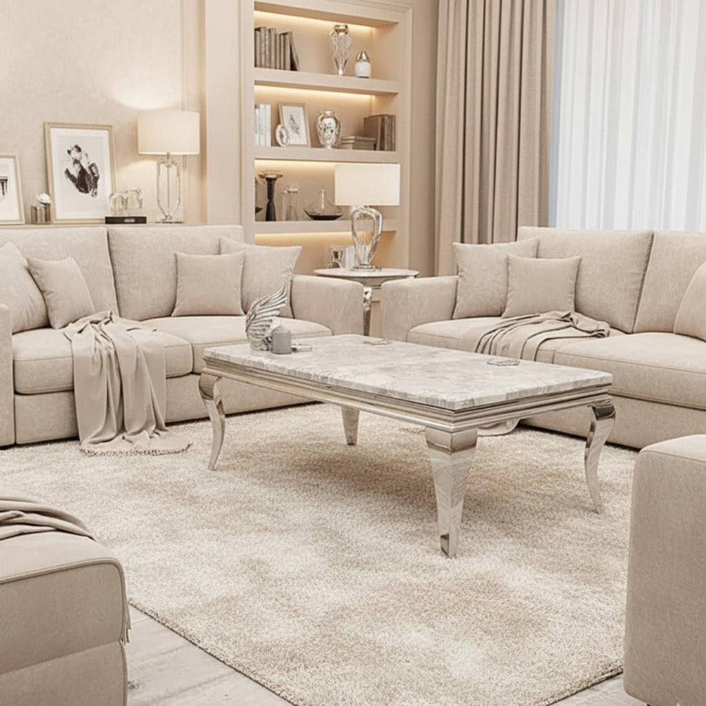 Lorens 130cm Chrome Coffee Table with Light Grey Marble Top