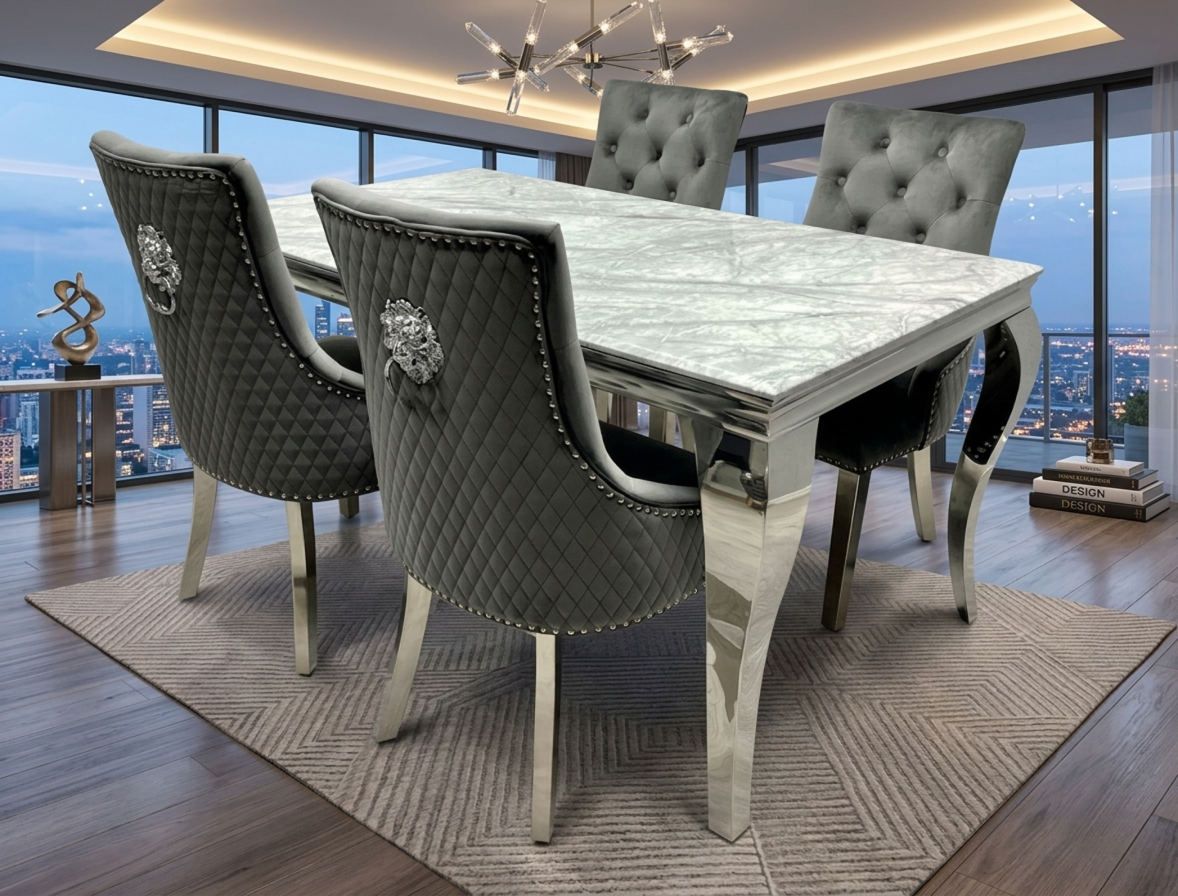 Lewis Marble Dining Table With Bently Knocker Chairs lion