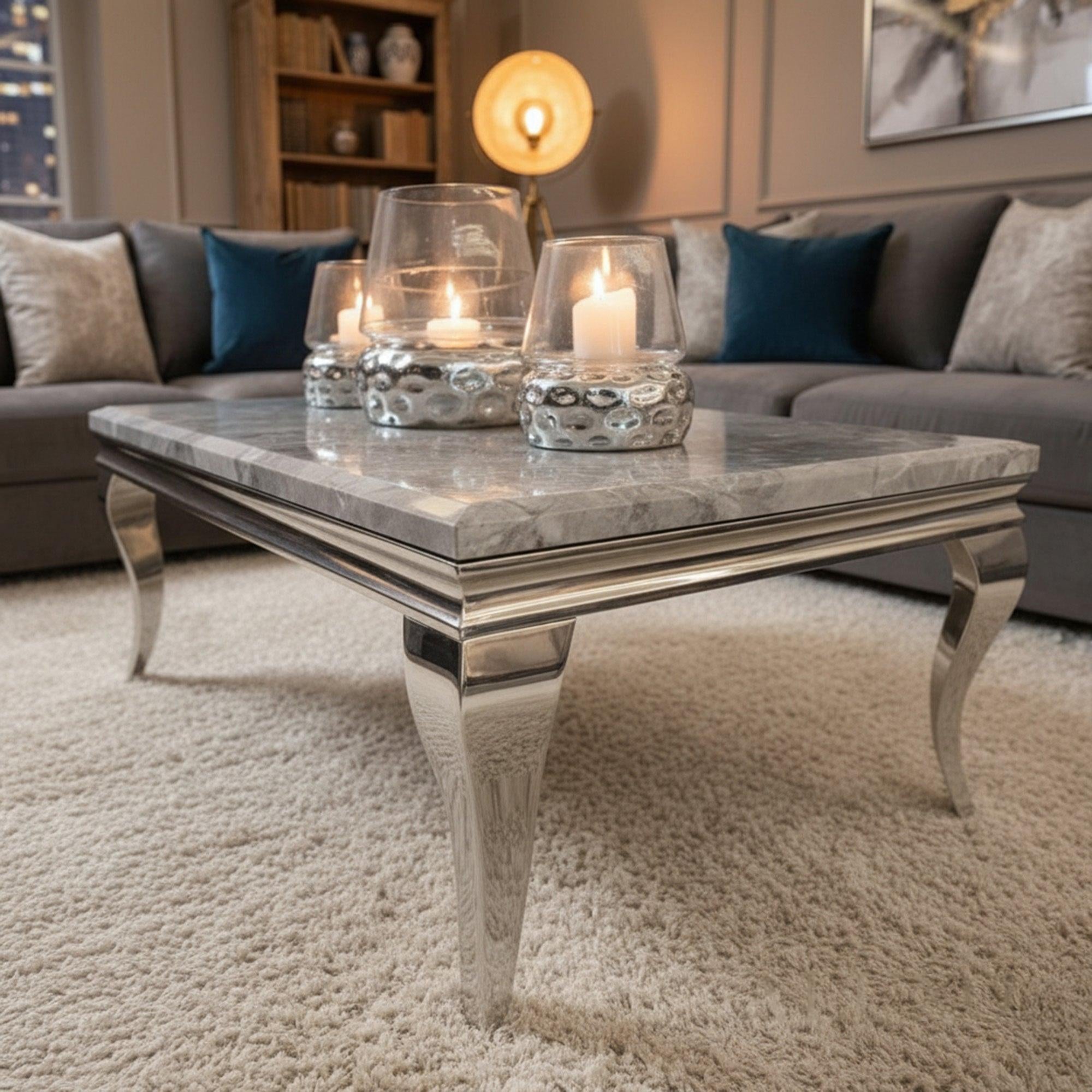 Lorens 130cm Chrome Coffee Table with Light Grey Marble Top